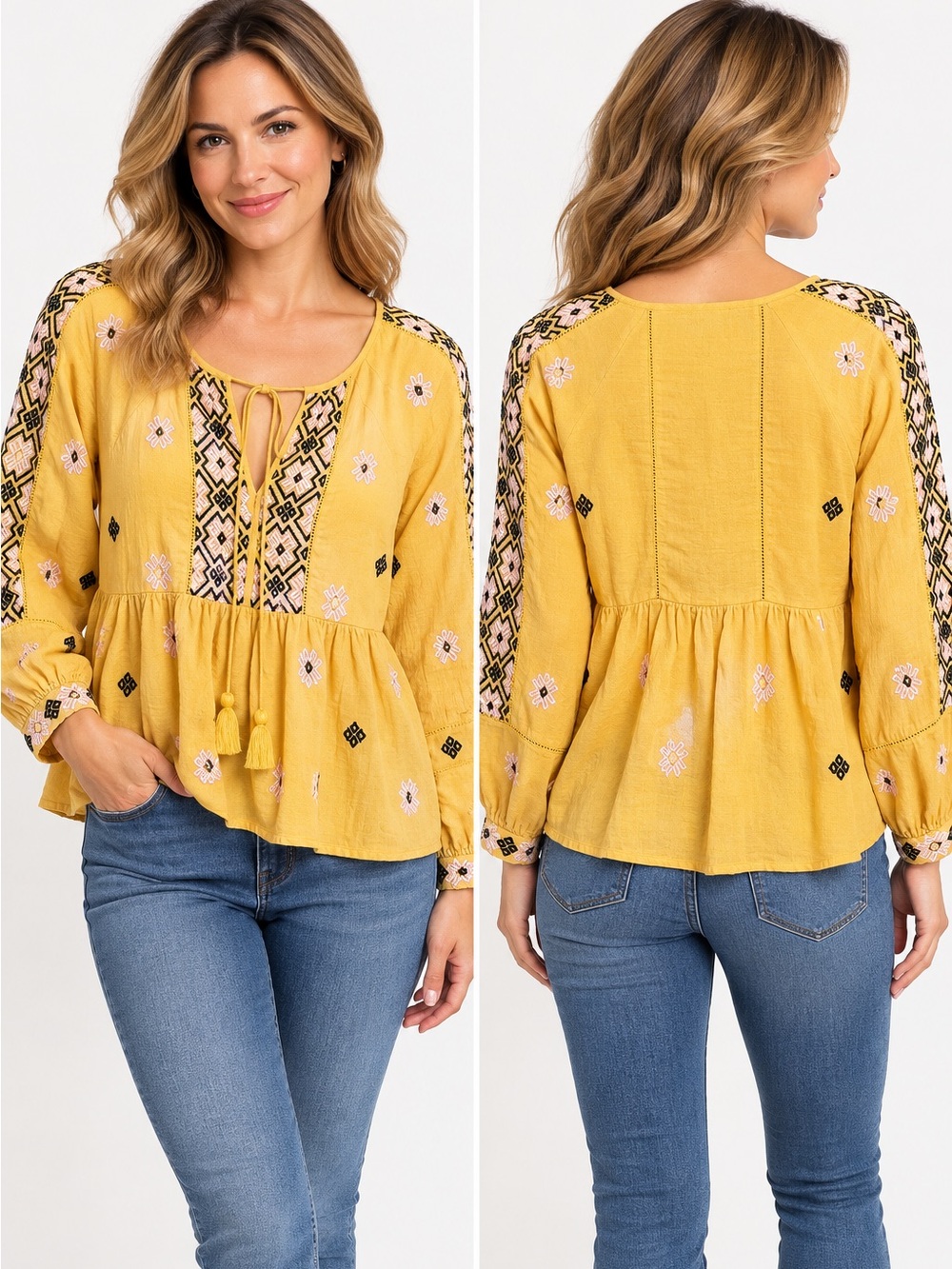 Topshop Embroidered Boho Peplum Blouse Mustard Yellow Size US 2
A1-3